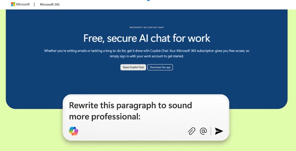 Screenshot of the Microsoft 365 Copilot Chat website, showing the headline
