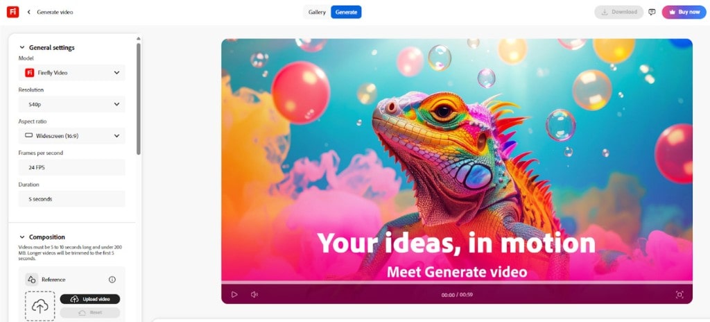 Interface of an AI video generation tool, displaying a colorful video of a lizard with the text