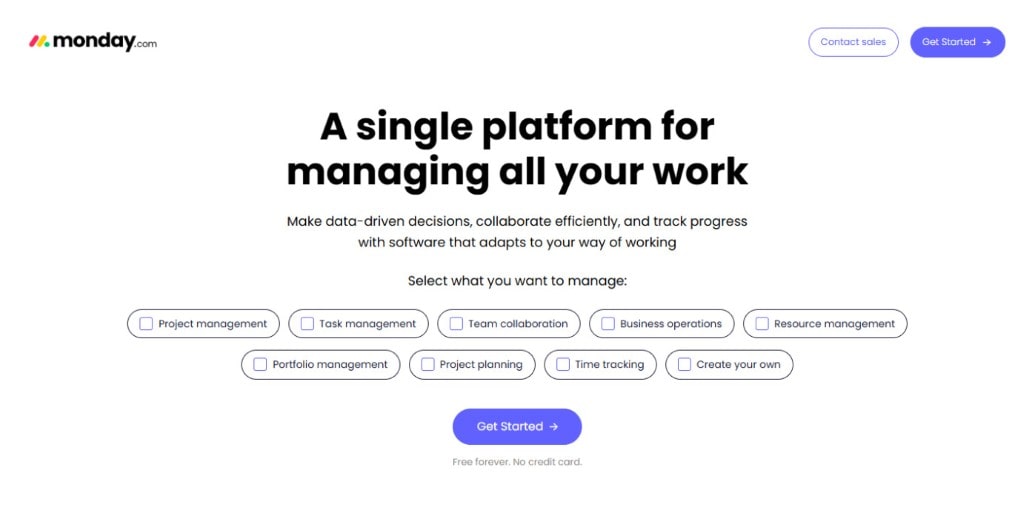The homepage of monday.com, a work management platform, showing various options for what users can manage, such as project management and task management.