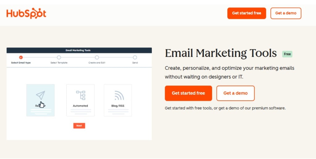 Screenshot of HubSpot's Email Marketing Tools page, illustrating the steps to create, personalize, and optimize marketing emails.
