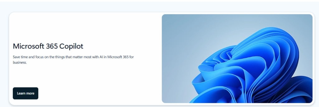 A promotional banner for Microsoft 365 Copilot, an AI feature for business, with a