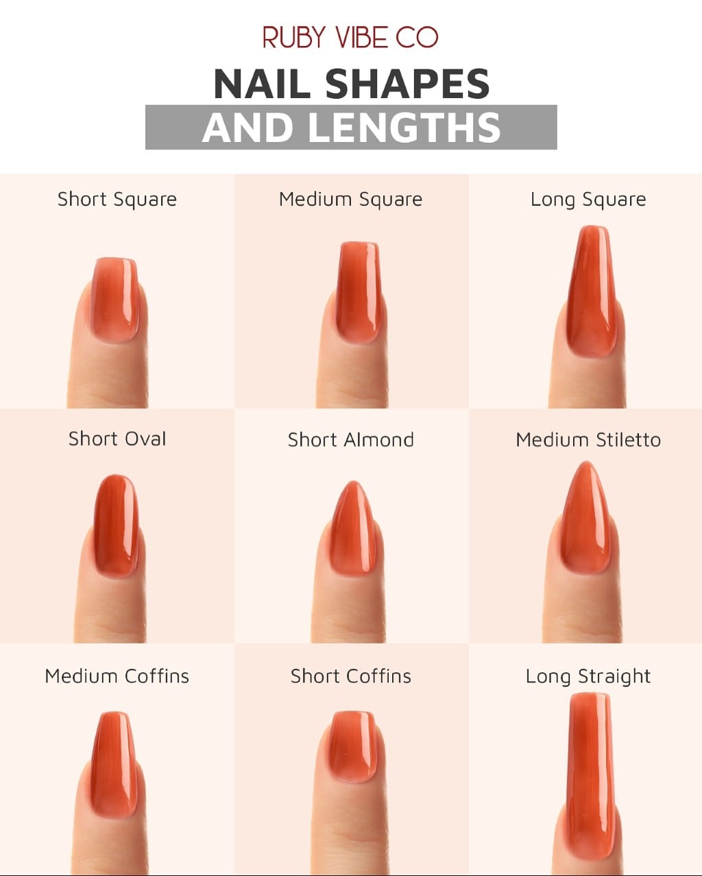 Educational chart by RUBY VIBE CO showing 9 Nail Shapes and lengths. Example of high-value 2025 Content Strategy.