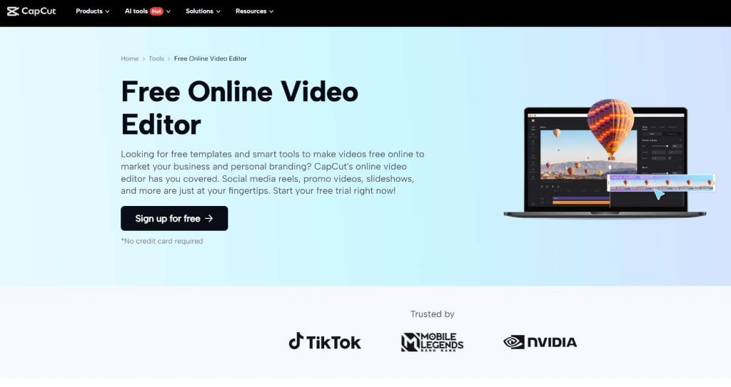 Screenshot of CapCut free online Video Editor page, highlighting its use for 2025 TikTok and Instagram Reels content strategy