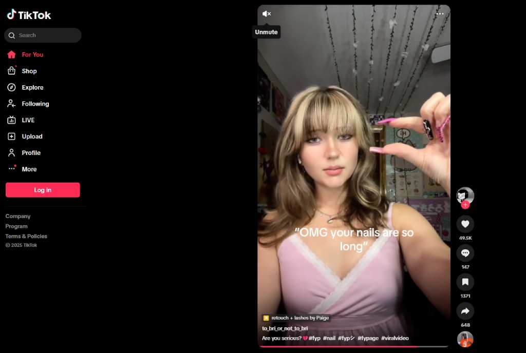 Screenshot of a viral TikTok video on nail lengths with high user engagement. Case study for 2025 short-form video strategy.