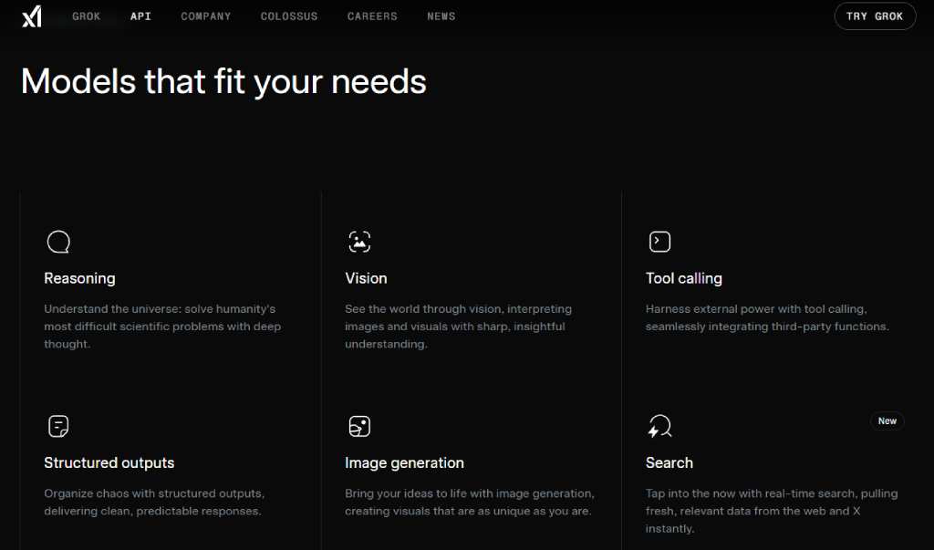 creenshot showing Grok AI's six core model capabilities: reasoning, vision, tool calling, structured outputs, image generation, and search.