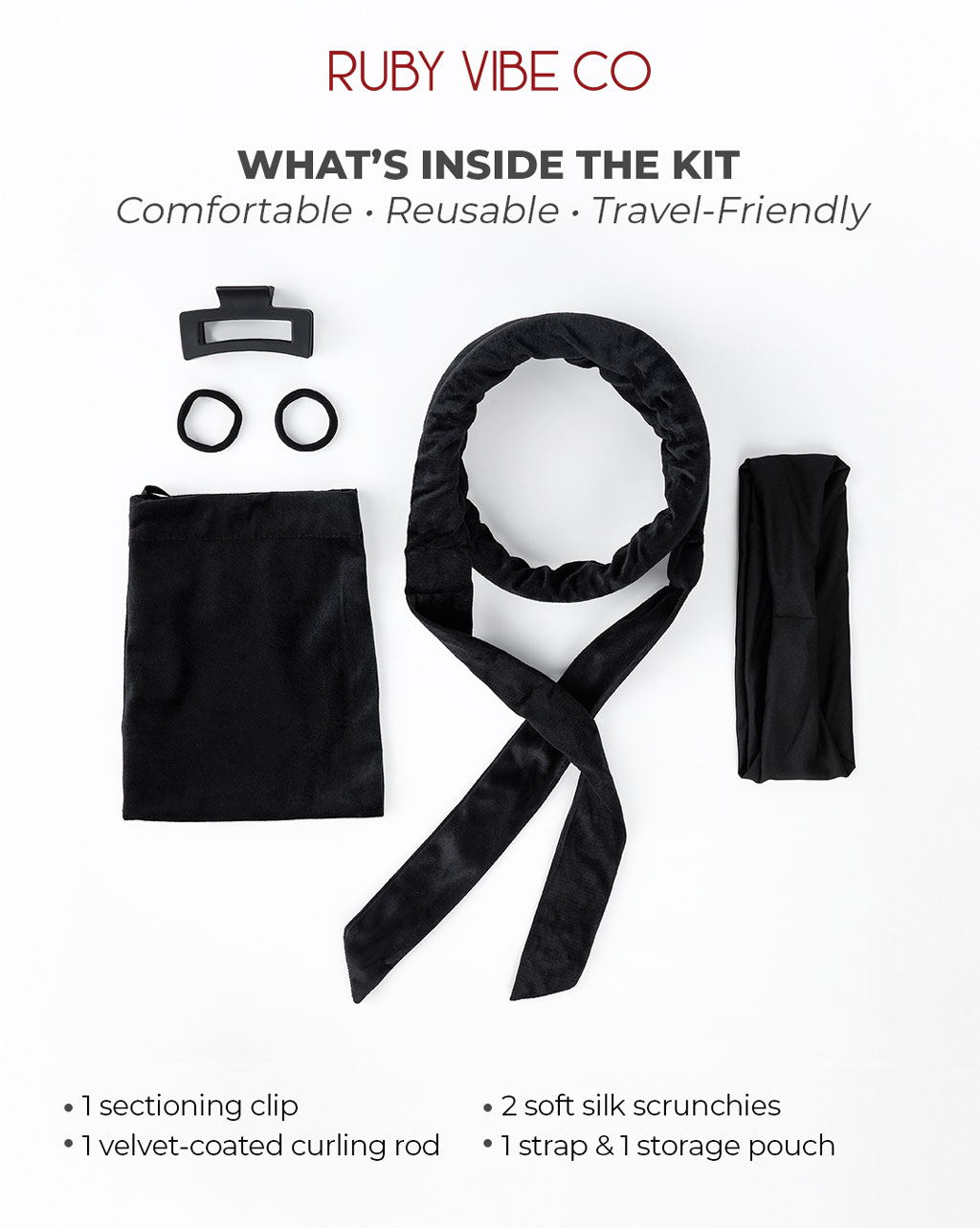 A product flat lay showing the contents of the Ruby Vibe Co heatless hair curling kit, which includes a velvet curling rod, silk scrunchies, a clip, and a storage pouch.