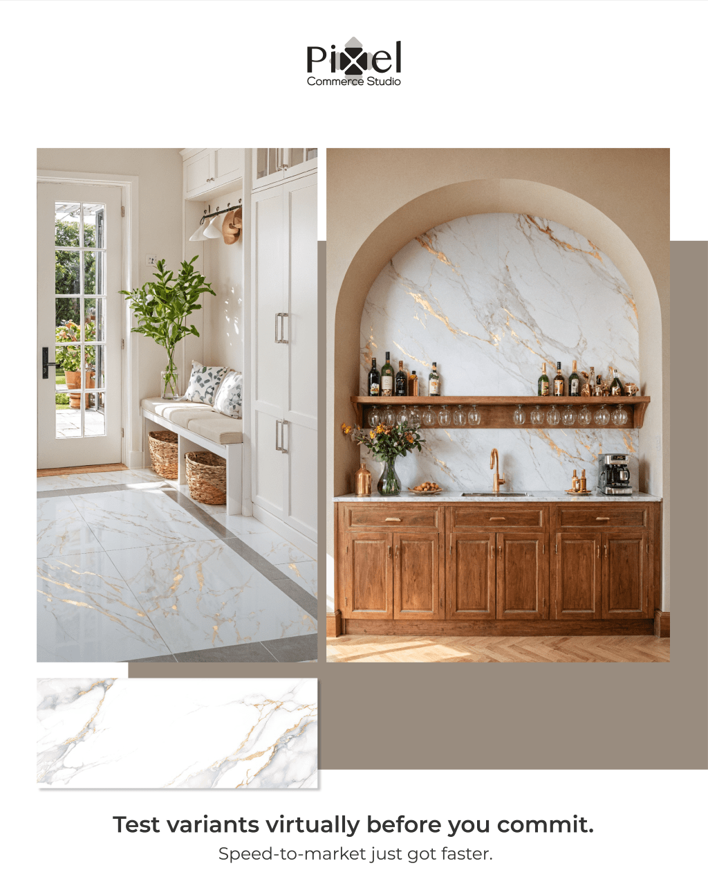 Two interior design scenes showing a white and gold marble material used as flooring and a home bar backsplash.
