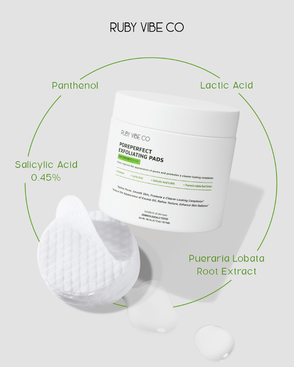 A product image of Ruby Vibe Co's Poreperfect Exfoliating Pads, highlighting its key ingredients.