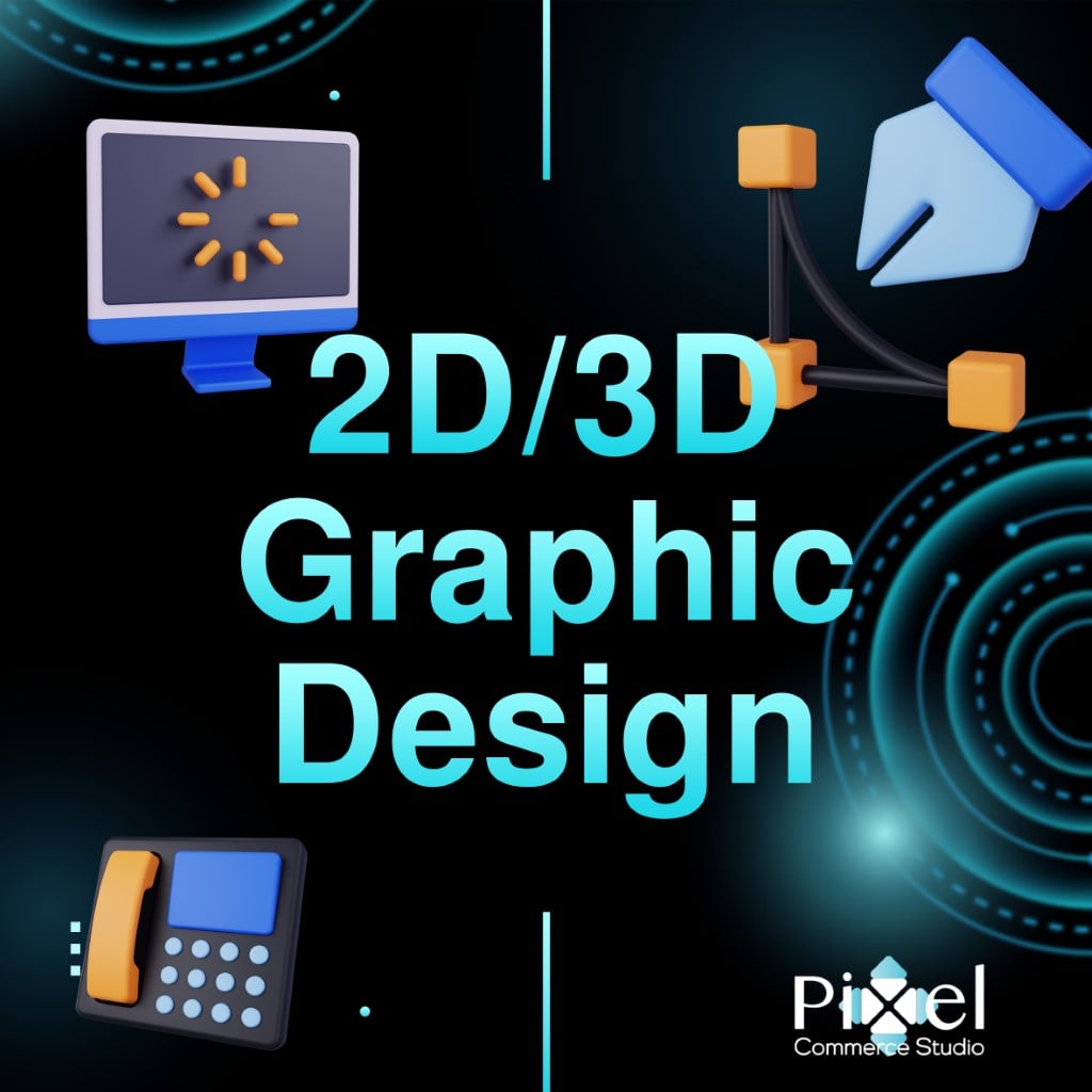 A collage of 3D icons representing graphic design, including a computer screen, a pen tool, and a telephone. Text reads:
