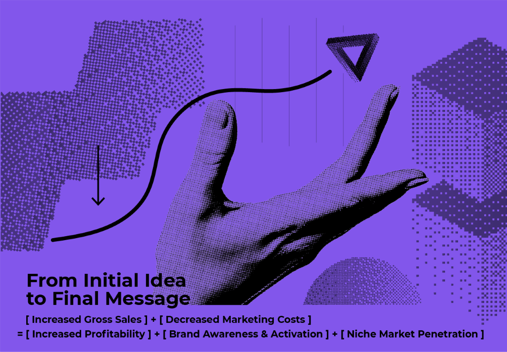 A stylized purple and black graphic of a hand reaching up towards a rising trend line