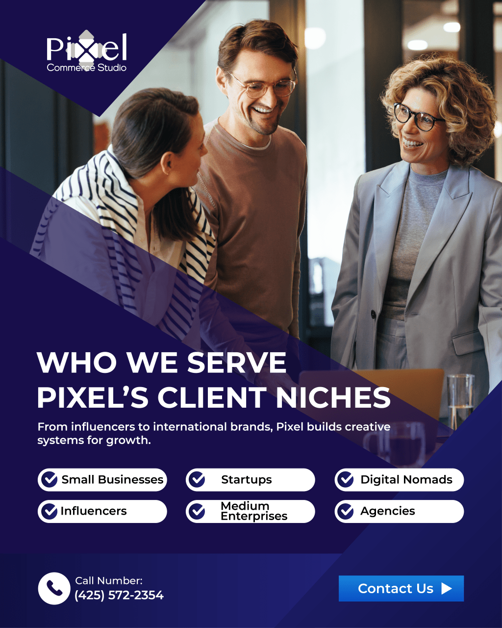 Who We Serve: Pixel's Client Niches. From influencers to international brands, Pixel builds creative systems for growth.