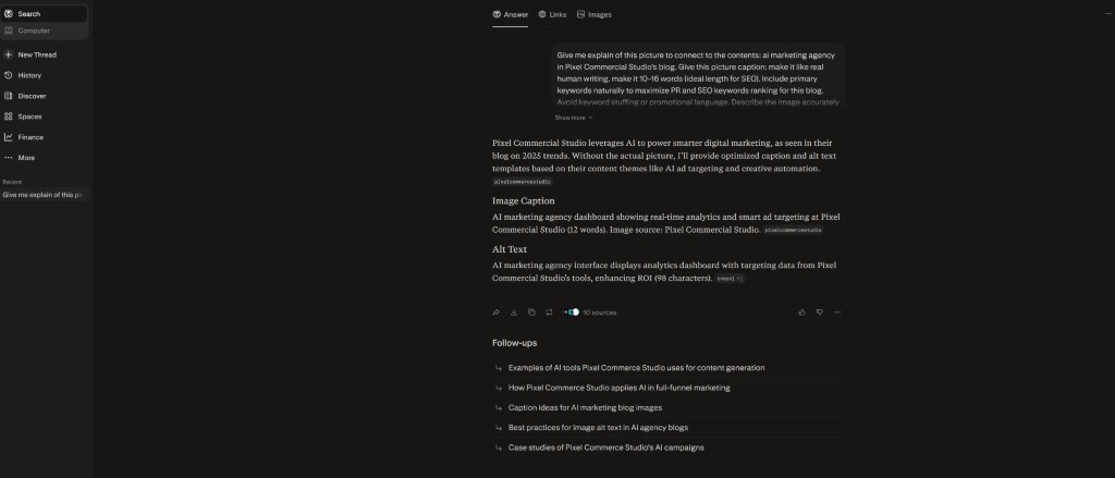 AI marketing agency interface displaying analytics and targeting data for Pixel Commercial Studio to enhance campaign ROI.