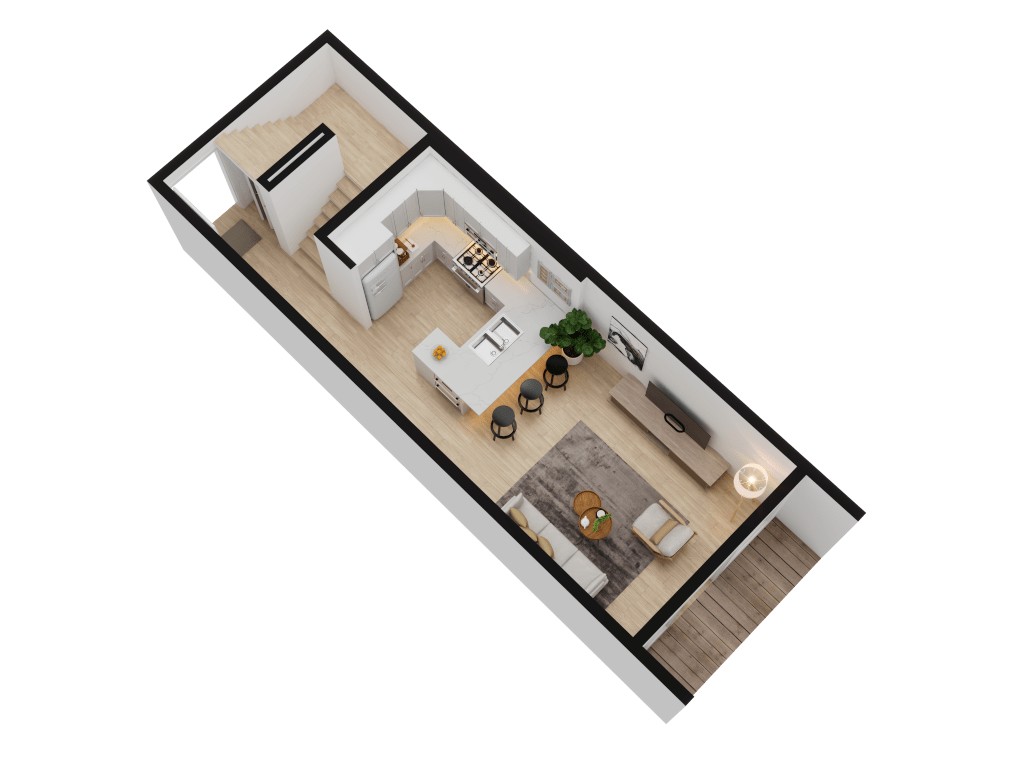 Isometric 3D floor plan of a long, open-concept apartment level, showing the kitchen, island, living area, and stairs.