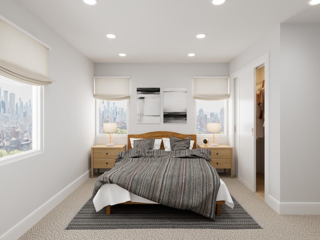3D rendering of a serene bedroom with a wooden bed, carpeted floor, and windows offering a cityscape view, with an open door to a closet.