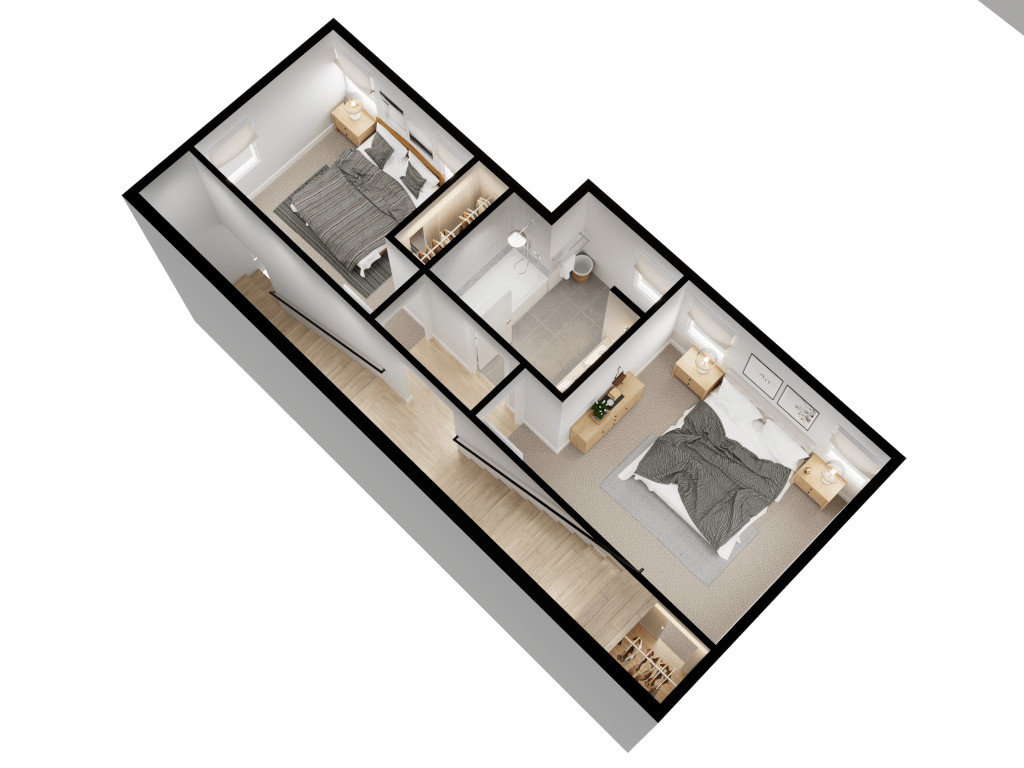 Isometric 3D floor plan of a home's upper level, displaying two bedrooms, a central bathroom, and a hallway with a staircase.