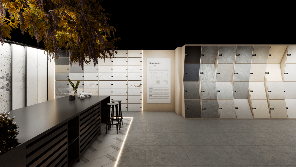 3D rendering of a modern tile showroom at night, highlighting a large wall display of various tile samples and a dark consultation counter.