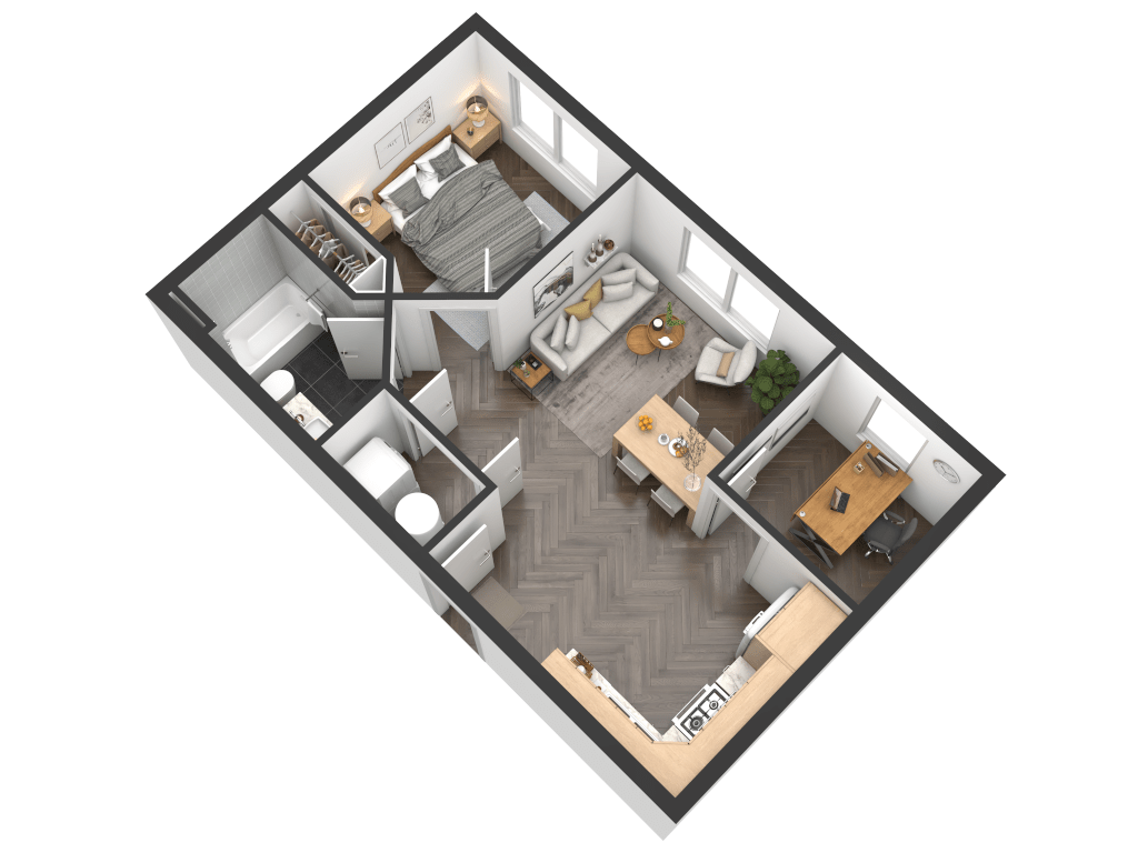 Isometric 3D floor plan of a one-bedroom apartment showcasing the layout of the kitchen, living area, bedroom, and office space.
