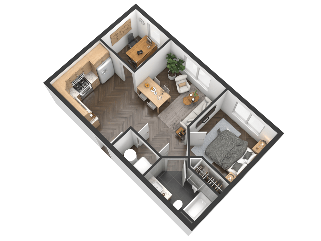 Top-down 3D floor plan of a one-bedroom apartment with an open-plan kitchen and living area, a separate office, and a bedroom with an ensuite bathroom.