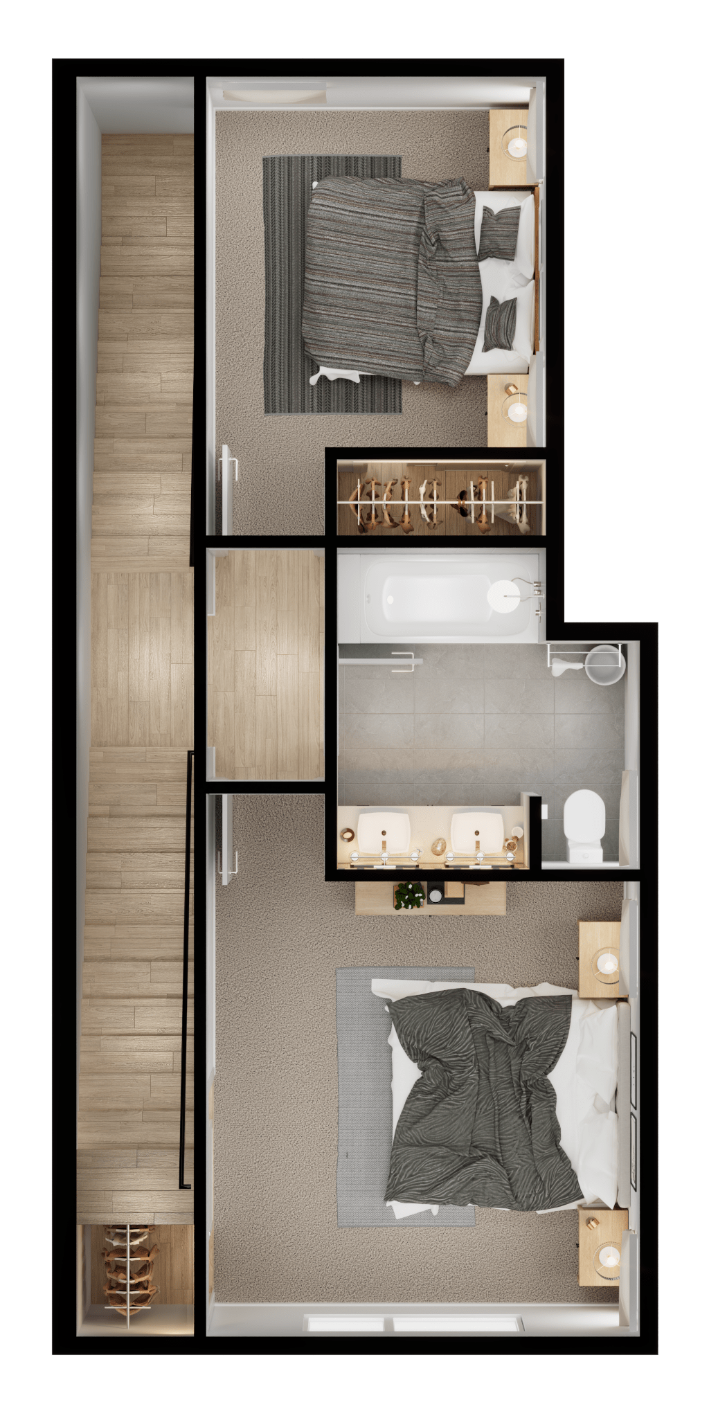 Top-down 3D floor plan illustrating a layout with two bedrooms, a shared central bathroom, and a hallway.