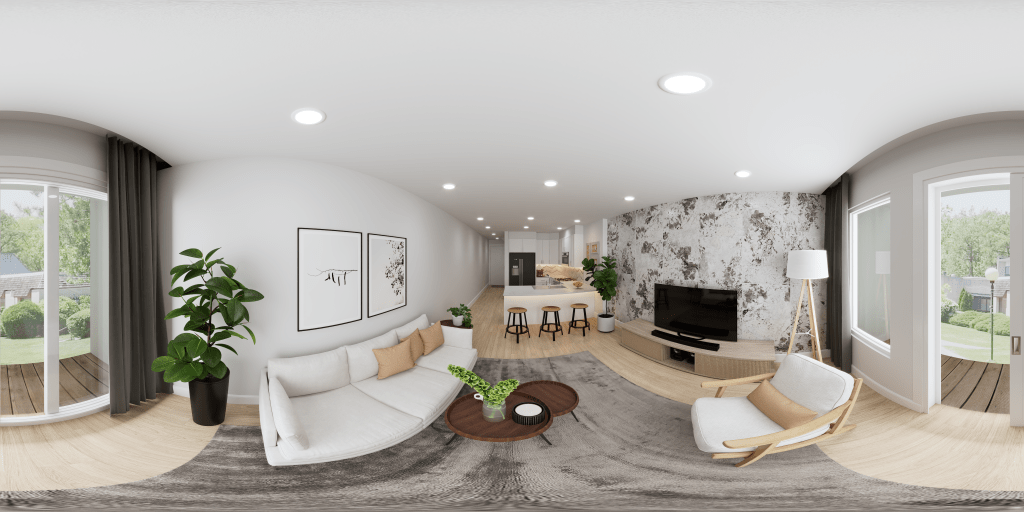 A 360-degree panoramic 3D rendering of a modern open-concept living room with a white sofa and a kitchen in the background.