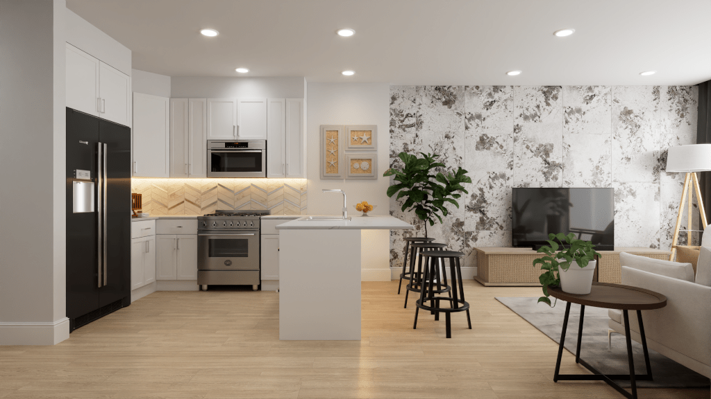 3D rendering of a stylish open-plan kitchen with white cabinetry, a black fridge, and an island that flows into the living room area.