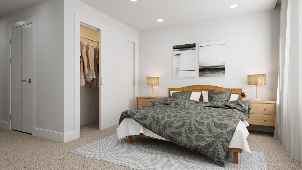 3D render of a cozy bedroom with a wooden bed frame, matching nightstands, and a sliding door closet.
