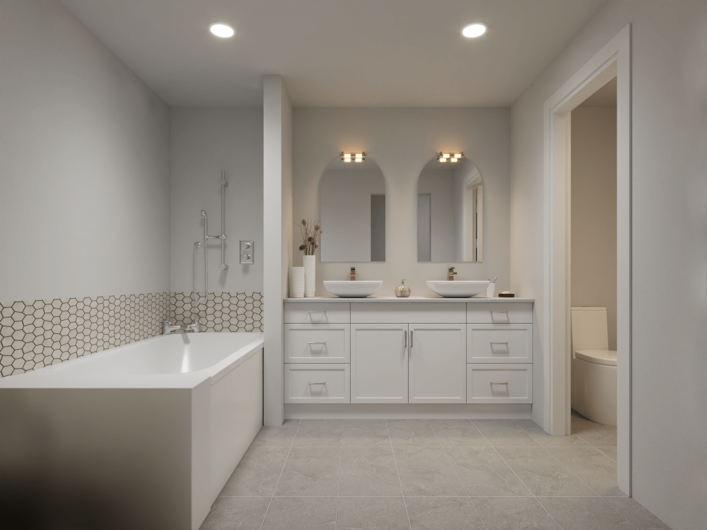 3D render of a bathroom featuring a white double vanity with vessel sinks, arched mirrors, and a bathtub with a honeycomb tile backsplash.