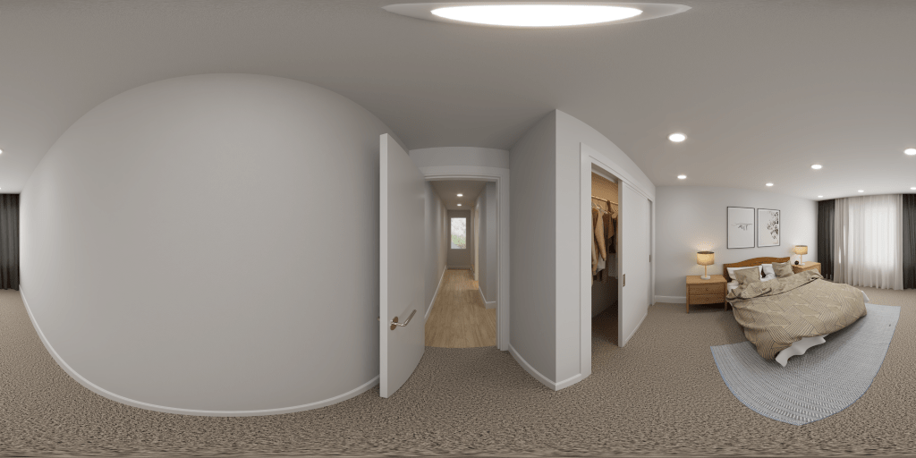 360-degree panoramic render of a carpeted bedroom showing a made bed, an open sliding closet, and a view into a long hallway.