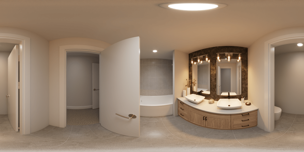 360-degree panoramic render of a spacious bathroom with a curved double vanity, a dark tiled accent wall, and a large corner bathtub.
