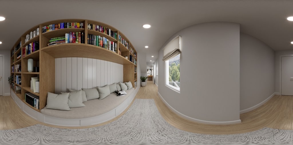 360-degree panoramic render of a reading nook with a large, built-in bookshelf and an integrated cushioned bench seat.
