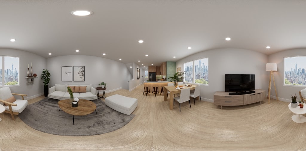 360-degree panoramic render of a bright, open-concept living space that includes a living room, dining area, and kitchen.