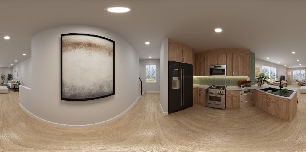 360-degree panoramic render focusing on a modern kitchen with wood cabinets, stainless steel appliances, and a green tiled backsplash