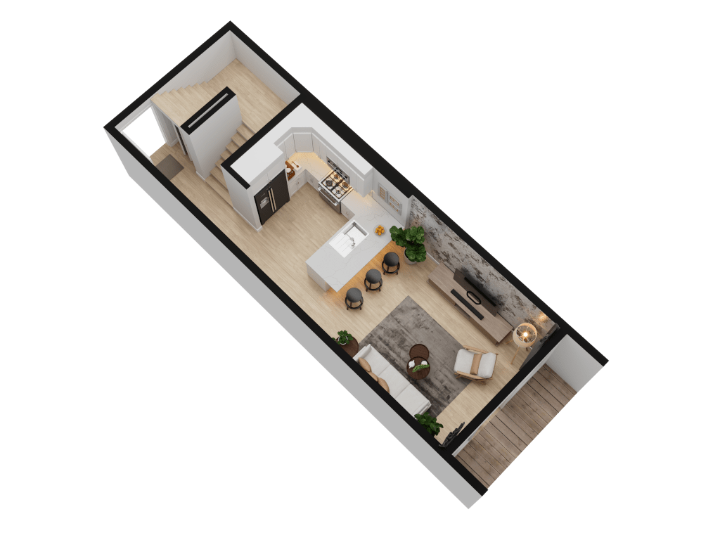 3D isometric floor plan of a modern, open-concept home showing the living room, kitchen with an island, and staircase.