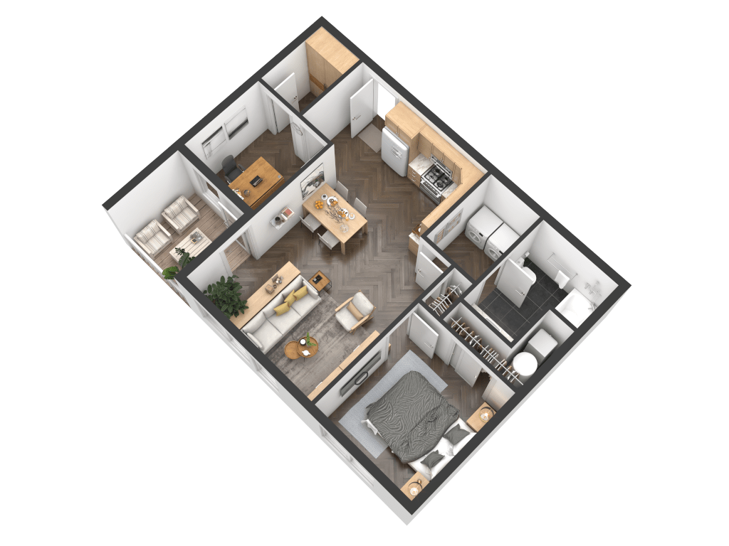 3D isometric floor plan of an apartment with a living room, dining area, office, one bedroom, and herringbone wood floors.