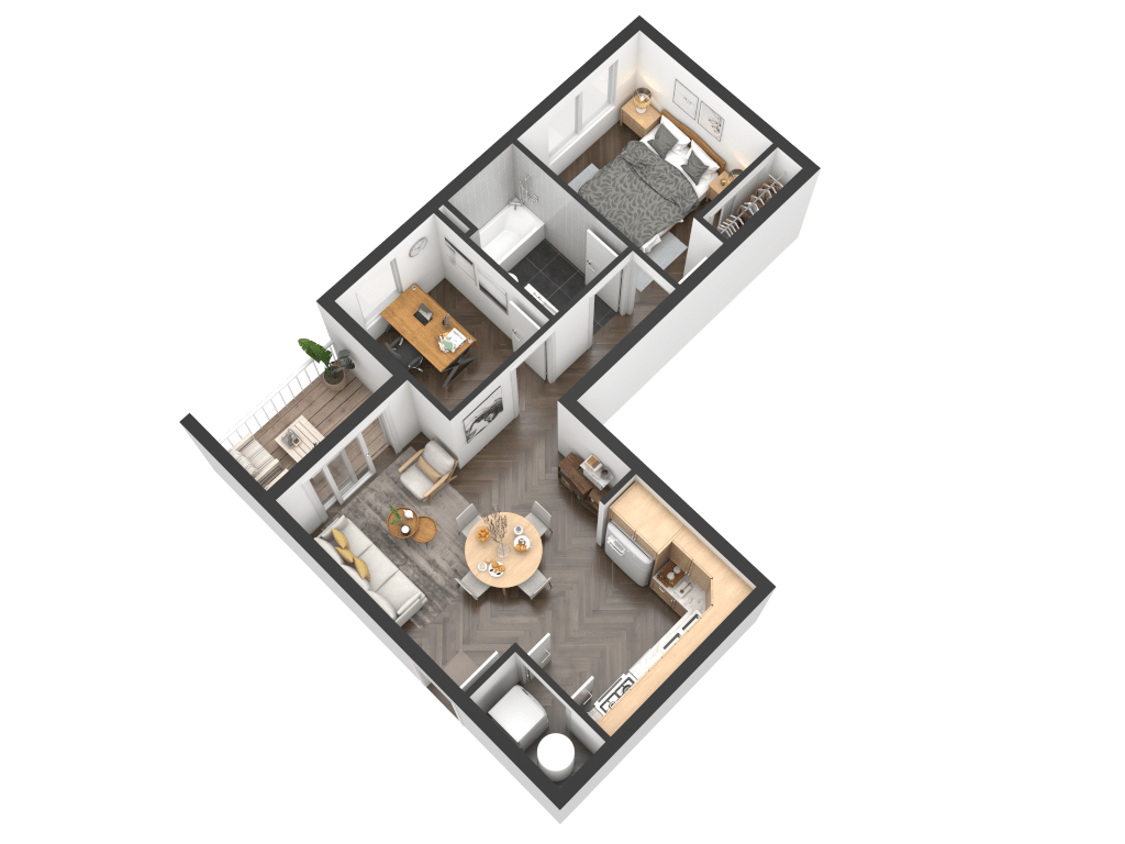 3D isometric floor plan of an L-shaped apartment featuring one bedroom, an office, a living area, and a balcony.