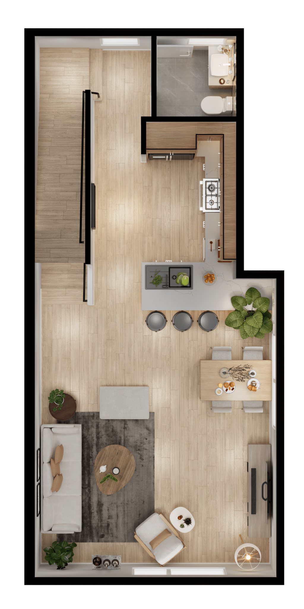 Top-down 2D rendered floor plan of a long apartment layout, detailing furniture placement in the living, dining, and kitchen areas.