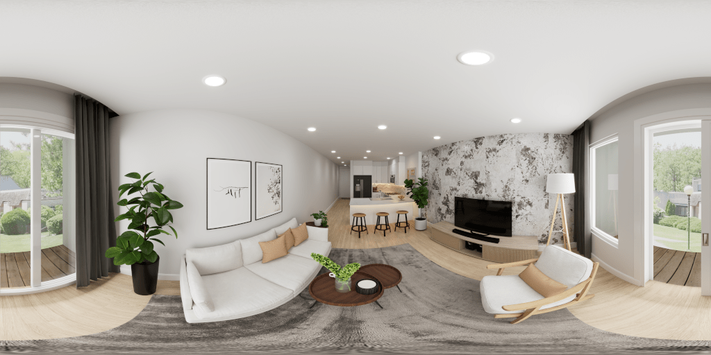 360-degree panoramic render of a bright, modern living room with a white sofa and a textured accent wall, flowing into a kitchen area.