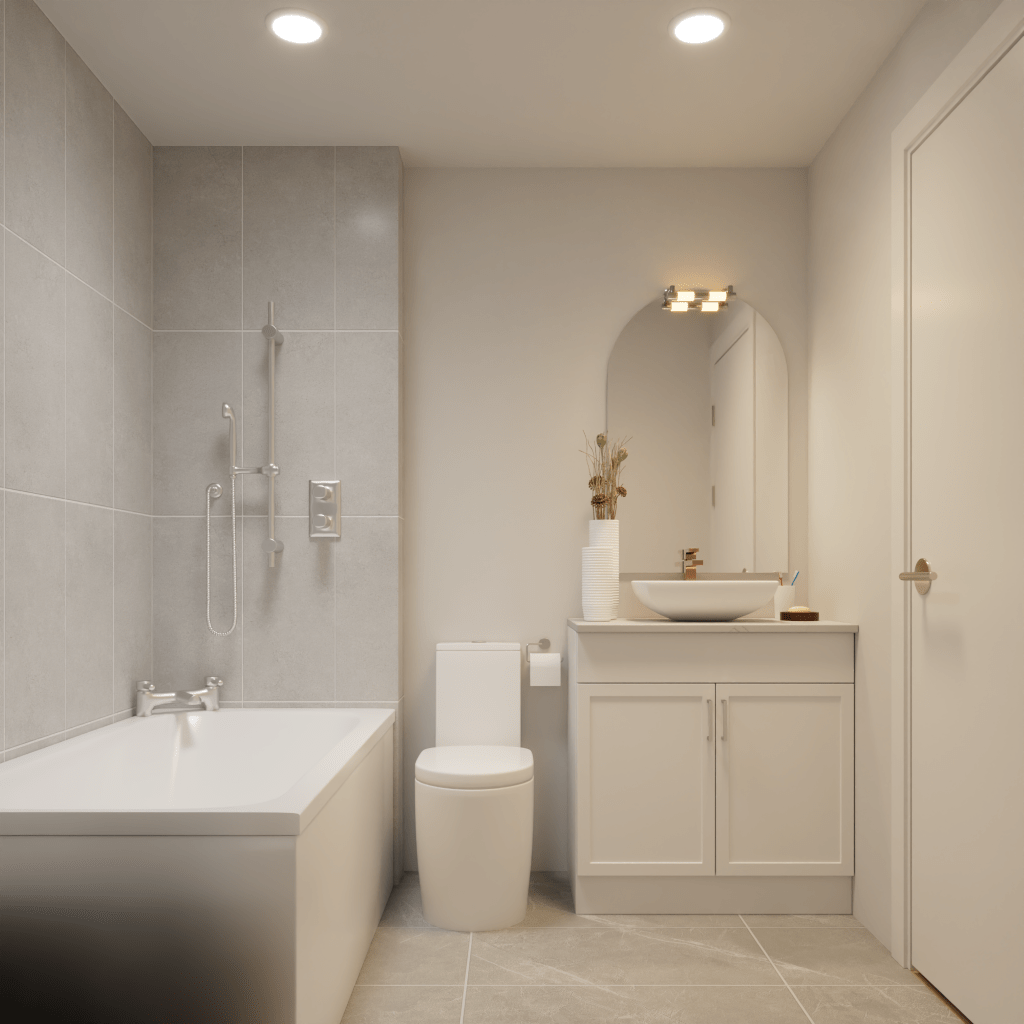 3D render of a contemporary bathroom with light gray tiles, a bathtub, and a white vanity with a vessel sink.