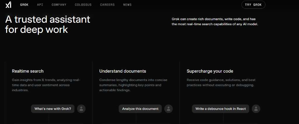 Screenshot of Grok AI website showing features: Realtime search, Understand documents, Supercharge code.