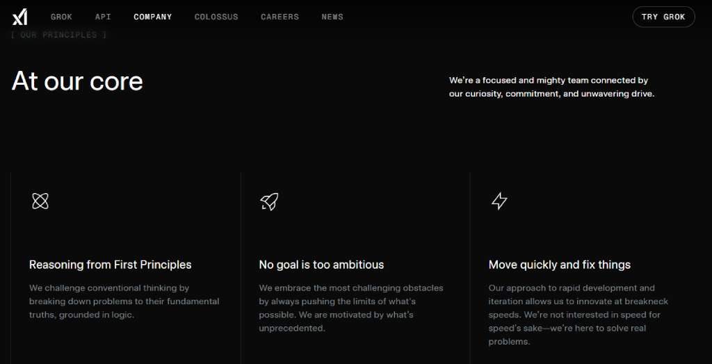 Screenshot of Grok AI's website showing its core principles: Reasoning, ambition, and moving quickly.