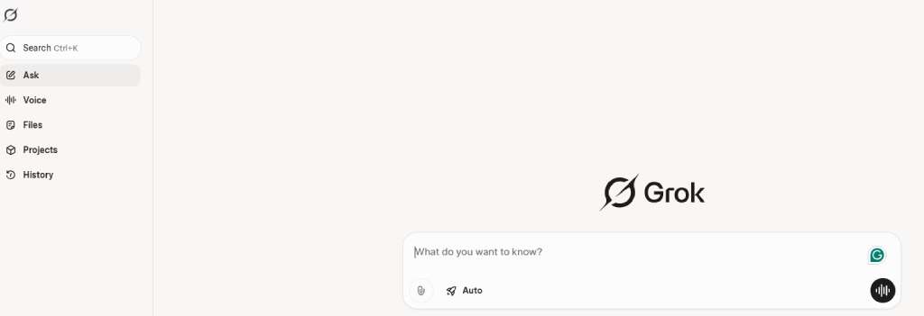 The user interface for Grok AI, showing the main 'Ask' prompt and sidebar navigation menu.