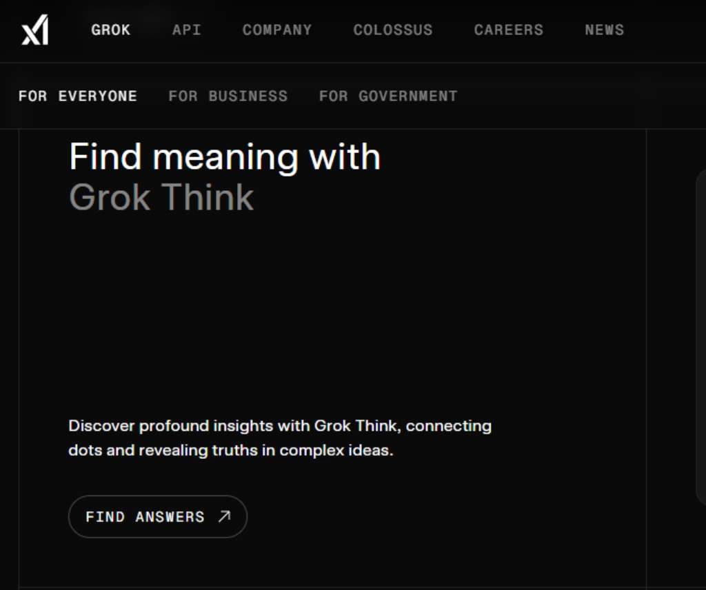 Screenshot of the Grok AI website's 'Grok Think' feature, for discovering profound insights.