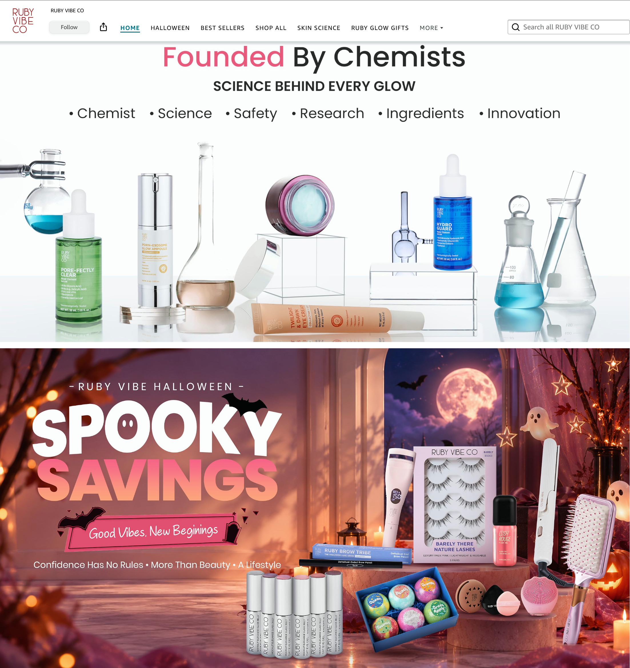 Amazon storefront for Ruby Vibe Co featuring cosmetics product banners and Halloween sales promotions.