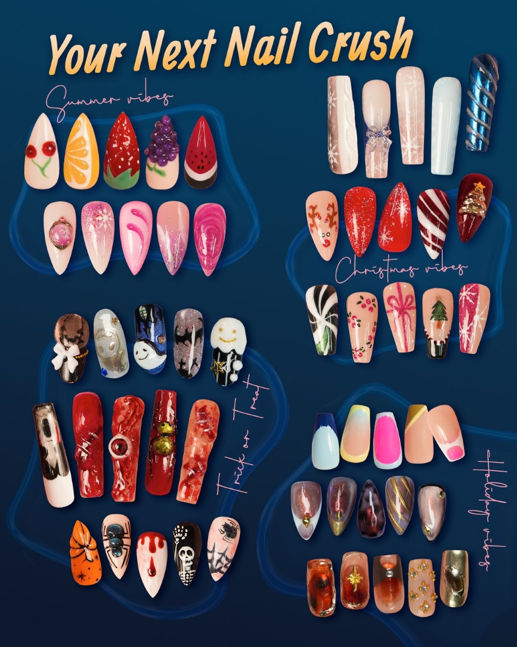 An image showcasing various themed nail art designs, including summer fruit, Christmas, Halloween, and other holiday styles, with the text
