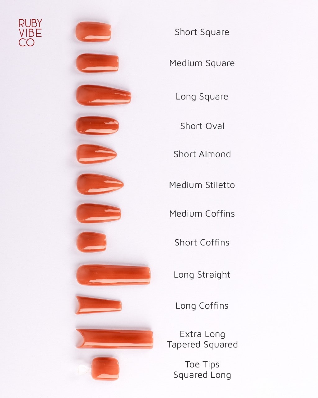 A chart from Ruby Vibe Co illustrating various press-on nail shapes and lengths, including square, oval, almond, stiletto, and coffin styles.