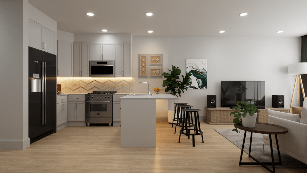 3D rendering of a contemporary open-plan kitchen and living room with white cabinets and a kitchen island.