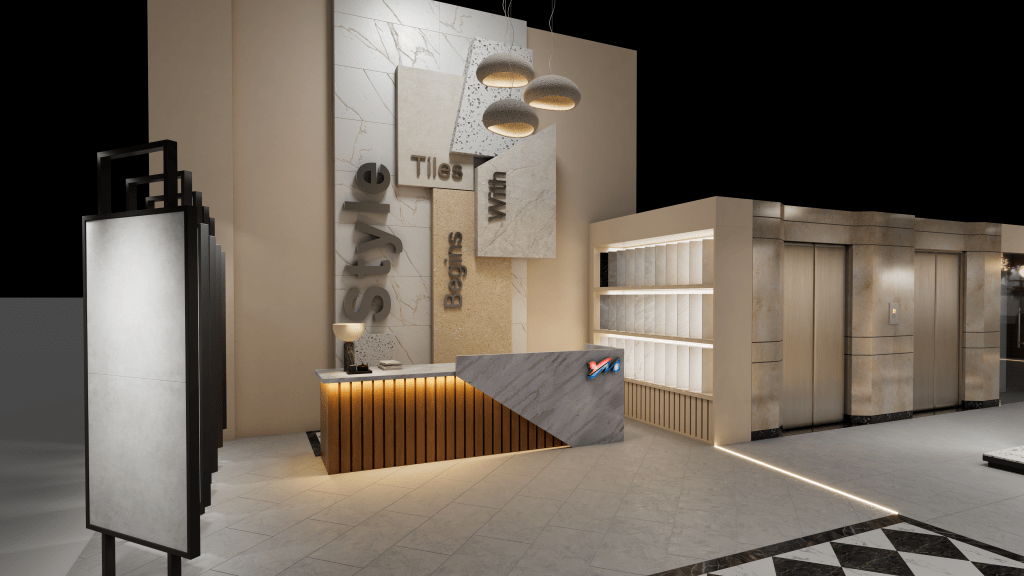 A 3D render of a tile store's elegant reception area, with a modern desk and elevators in the background.