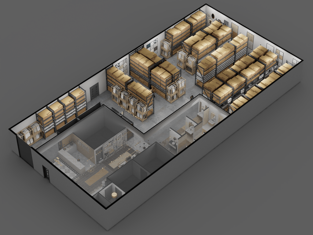 Alternate angle 3D isometric rendering of a warehouse and showroom, highlighting the layout with the customer-facing showroom in the front and organized inventory storage in the back.