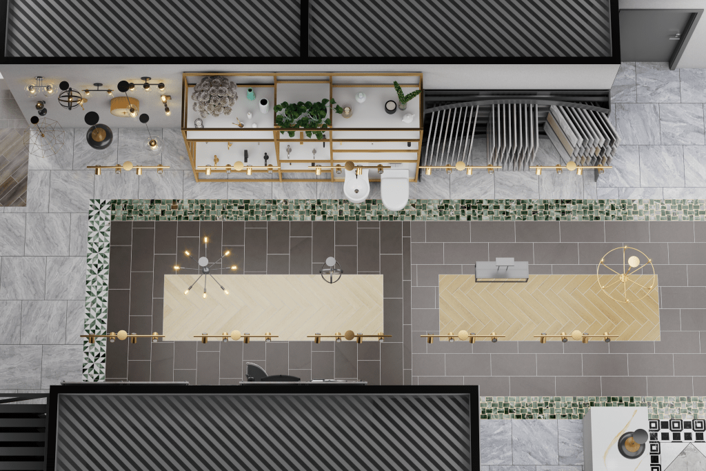 Overhead 3D rendering of a showroom, showcasing displays for lighting fixtures, toilets, and decorative items on a gold-accented shelving unit against a backdrop of varied floor tiles.