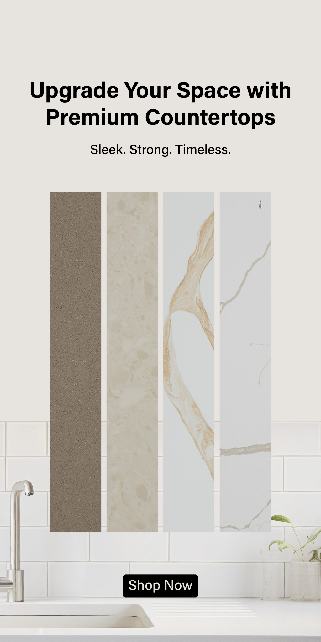 Advertisement for premium countertops showing four vertical samples of quartz in various colors and patterns, with the text